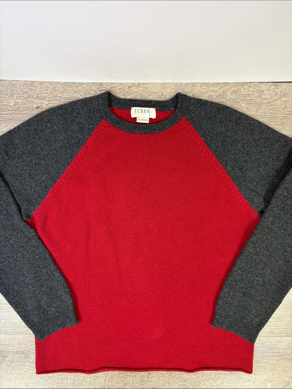 J.Crew 100% Lambswool Colorblock Raglan Sweater Red Charcoal Size Medium